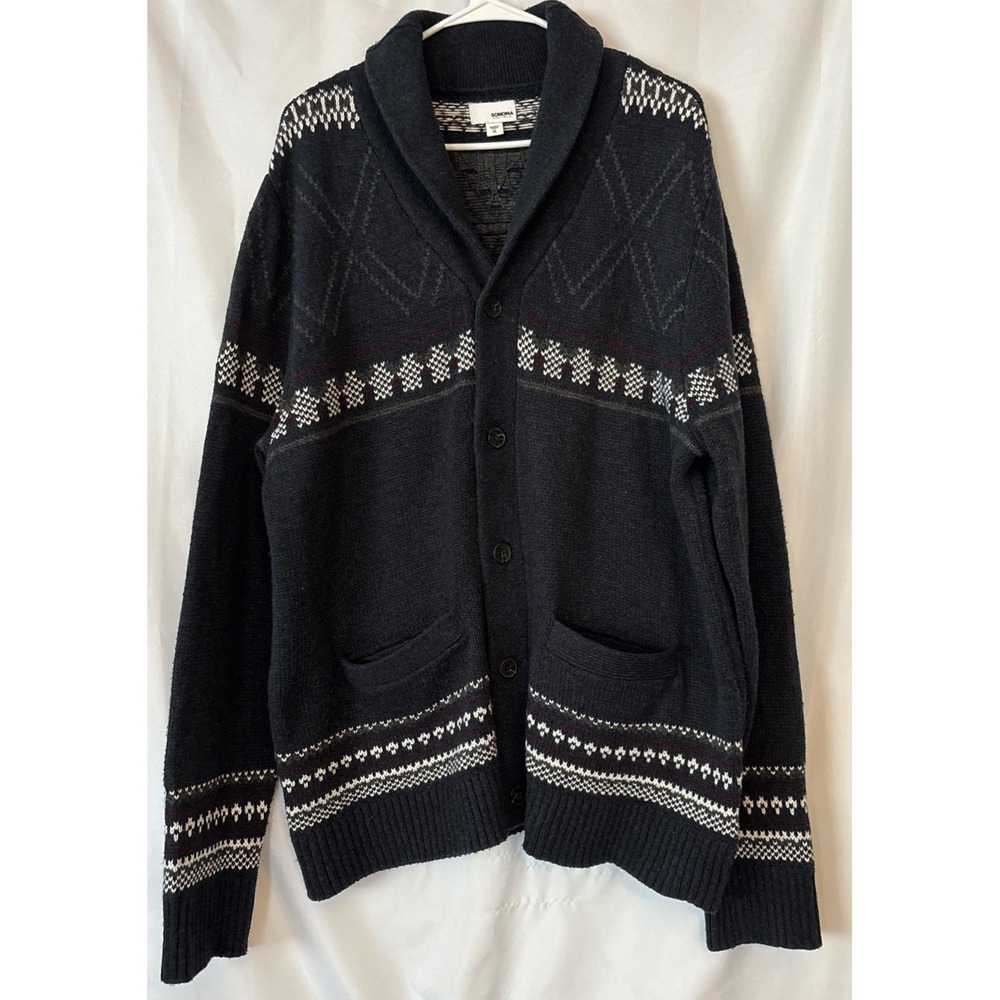 Men's Sonoma Sweater XL Blue Gray Grandpa Fair Isle Shawl Collar Cardigan Button